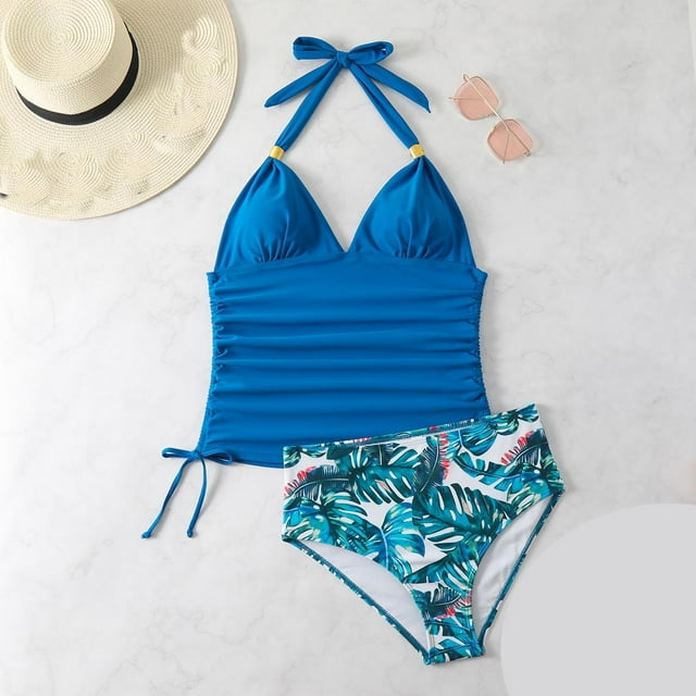 TIMIFIS Blue Women Halters String Bikini Set Solid Color Backless Triangless Swimsuits Bathing Suits Beachwear - Spring/Summer