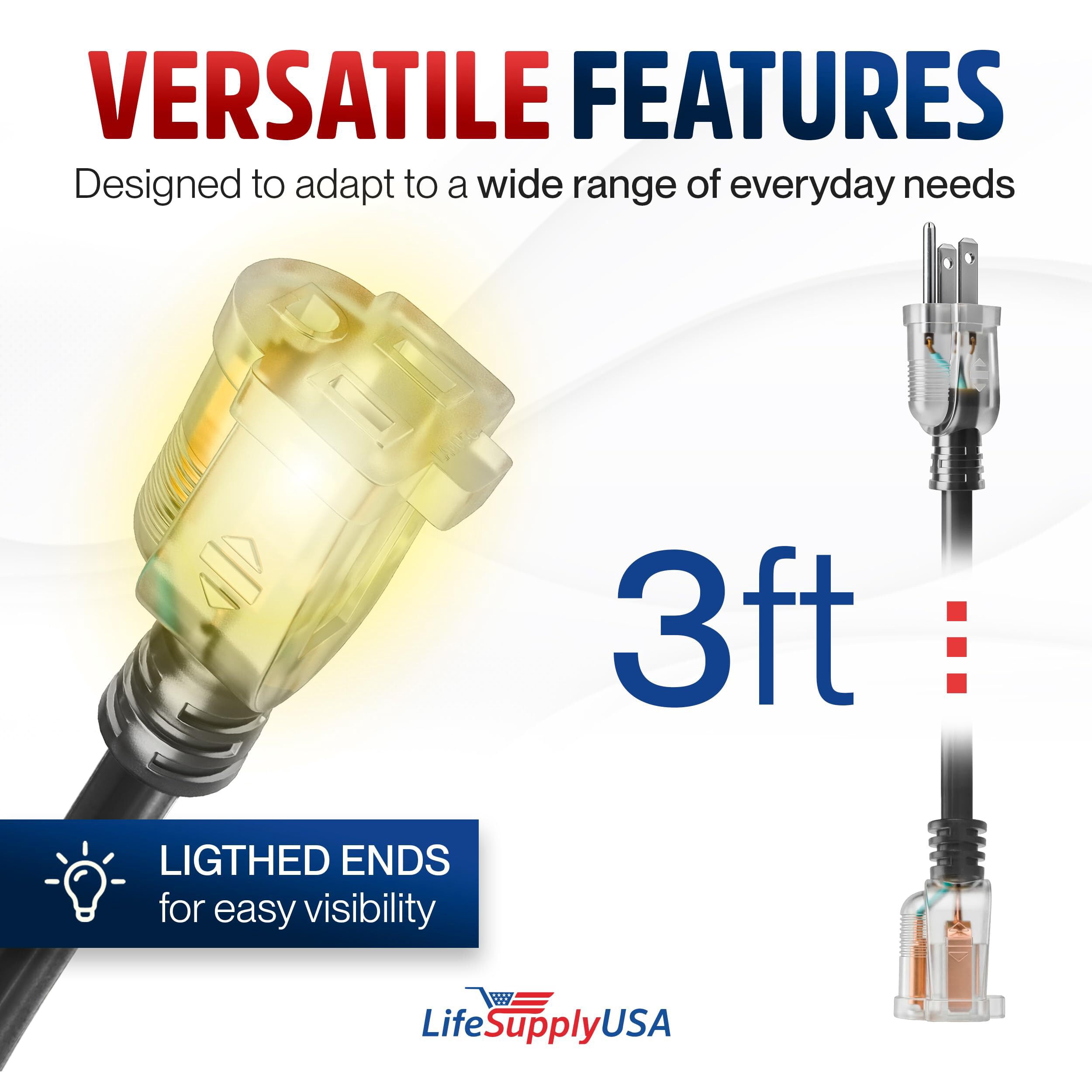 10ft Outdoor/Indoor Extension Cord 10/3 Gauge Ultra Heavy Duty 3 Prong SJTW, Waterproof, ETL Listed, Flexible Cold-Resistant Long Power Cord,15A 125V 1875W, Black by LifeSupplyUSA