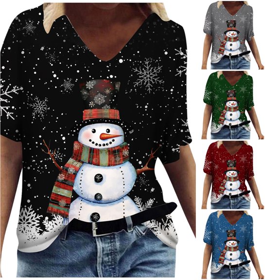 Trendfront Womens Christmas Snowman T Shirts V Neck Short Sleeve Snowflake Print Casual Holiday Tee Tops Winter Celebration Outfit