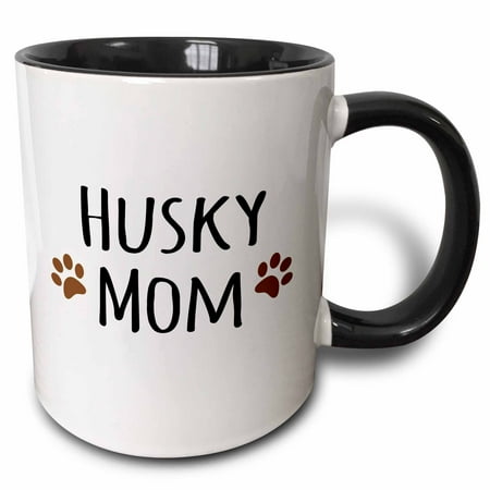 3dRose Siberian Husky Dog Mom - Doggie by breed - brown muddy paw prints - doggy lover pet owner mama love, Two Tone Black Mug, (Best Dry Food For Siberian Husky)