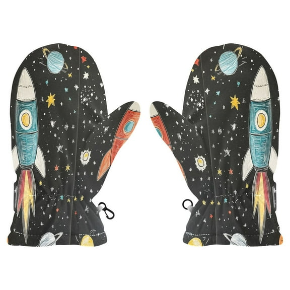 Cozy Kids Winter Gloves with Adjustable Fit,Rocket Pattern Perfect for Outdoor Fun
