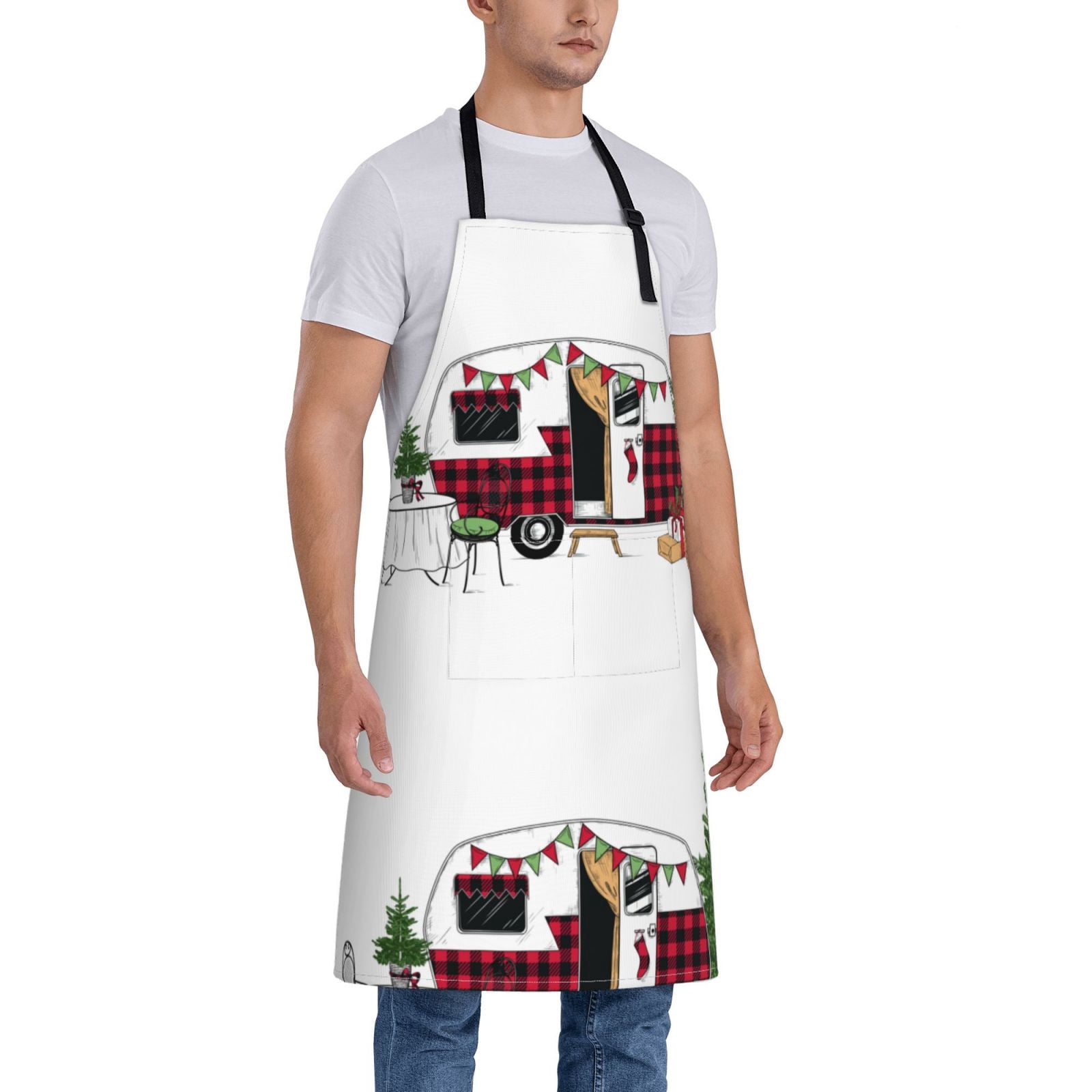 Kdxio Vintage Buffalo Plaid Christmas Camper Apron with Pockets Adjustable Kitchen Aprons for Men Women Waterproof Aprons for Cooking,Drawing,Crafting, Baking Household Cleaning