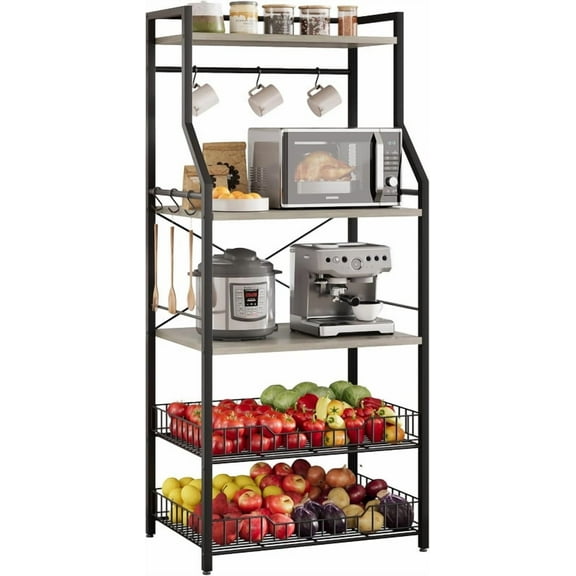 Towallmark Microwave Stand, 5 Tier Storage Rack With Adjustable Feet Anti Tip Kit, Rustic Engineered Wood Kitchen Shelf, Gray Bakers Rack For Countertop Organization