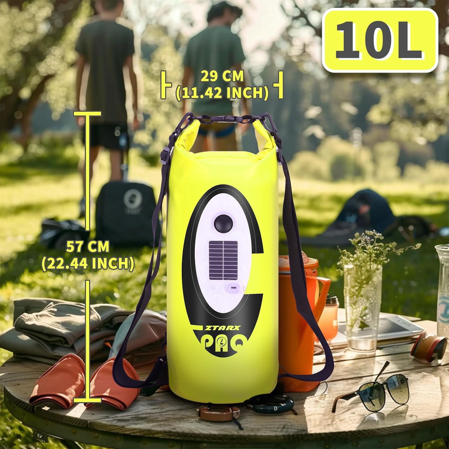 Solar/Battery Powered Multi-Functional Waterproof Backpack, Bluetooth Speaker, IP66 Waterproof Dry Bag, Heavy Duty Roll Top Closure, Large Capacity Bag for Camping, Hiking, Traveling (Orange 10L)
