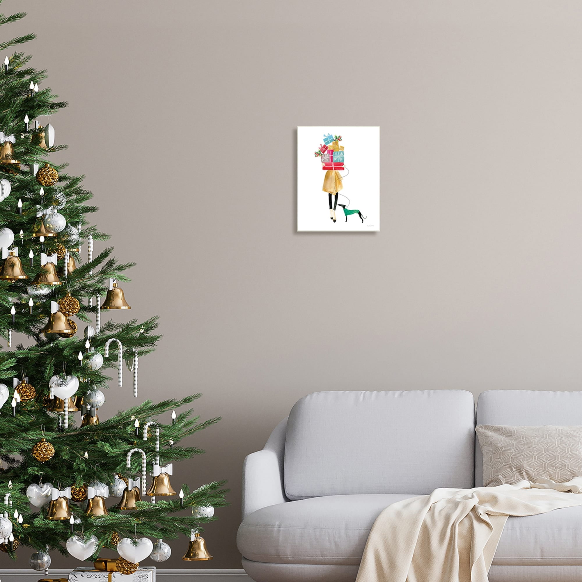 Cheerful Woman Holding Various Holiday Gifts & Dog Animals & Insects Painting Unframed Art Print Wall Art