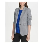 DKNY Womens Gray Single Button Plaid Jacket Petites Size: 14P