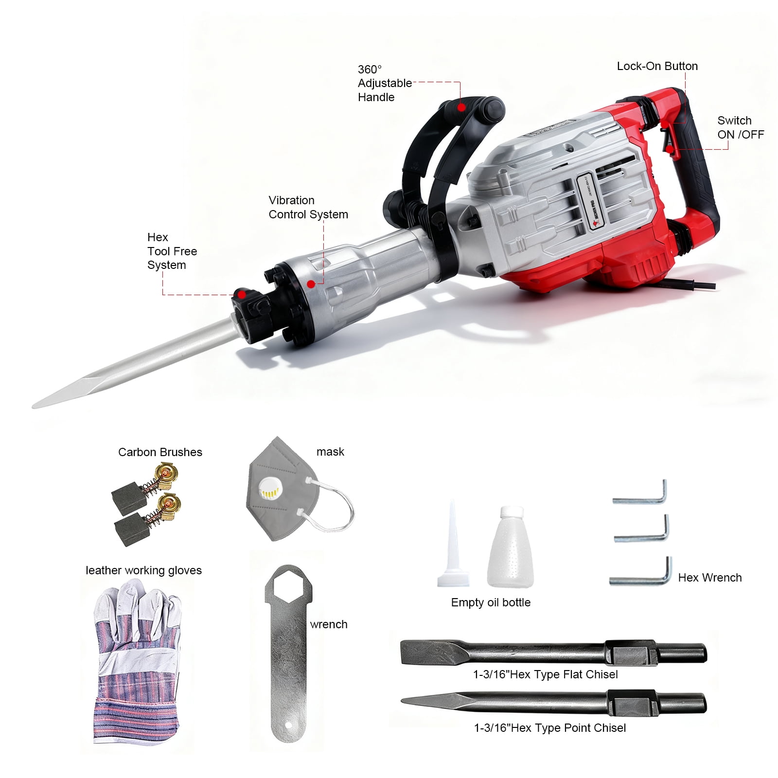 Heavy Duty Demolition Jack Hammer – Max 3500W, 1900 BPM Electric Concrete Breaker with 60J Impact Force, Includes 2 Chisels for Trenching, Breaking Holes & Construction Work