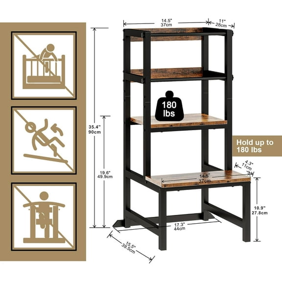 Kitchen Step Stool for Toddlers, Height Adjustable Toddler Tower with Safety Rail, Steel and Wood Toddler Kitchen Stool Helper Kids, Kitchen Stool for Kids, Learning Tower, Toddler Stool Brown