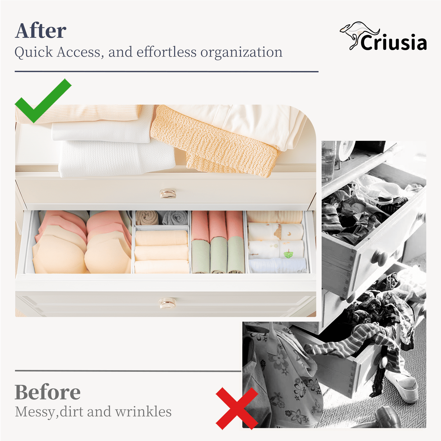 Criusia Drawer Organizer Clothes, Foldable Closet Organization and Storage for Nursery, Bedroom, white