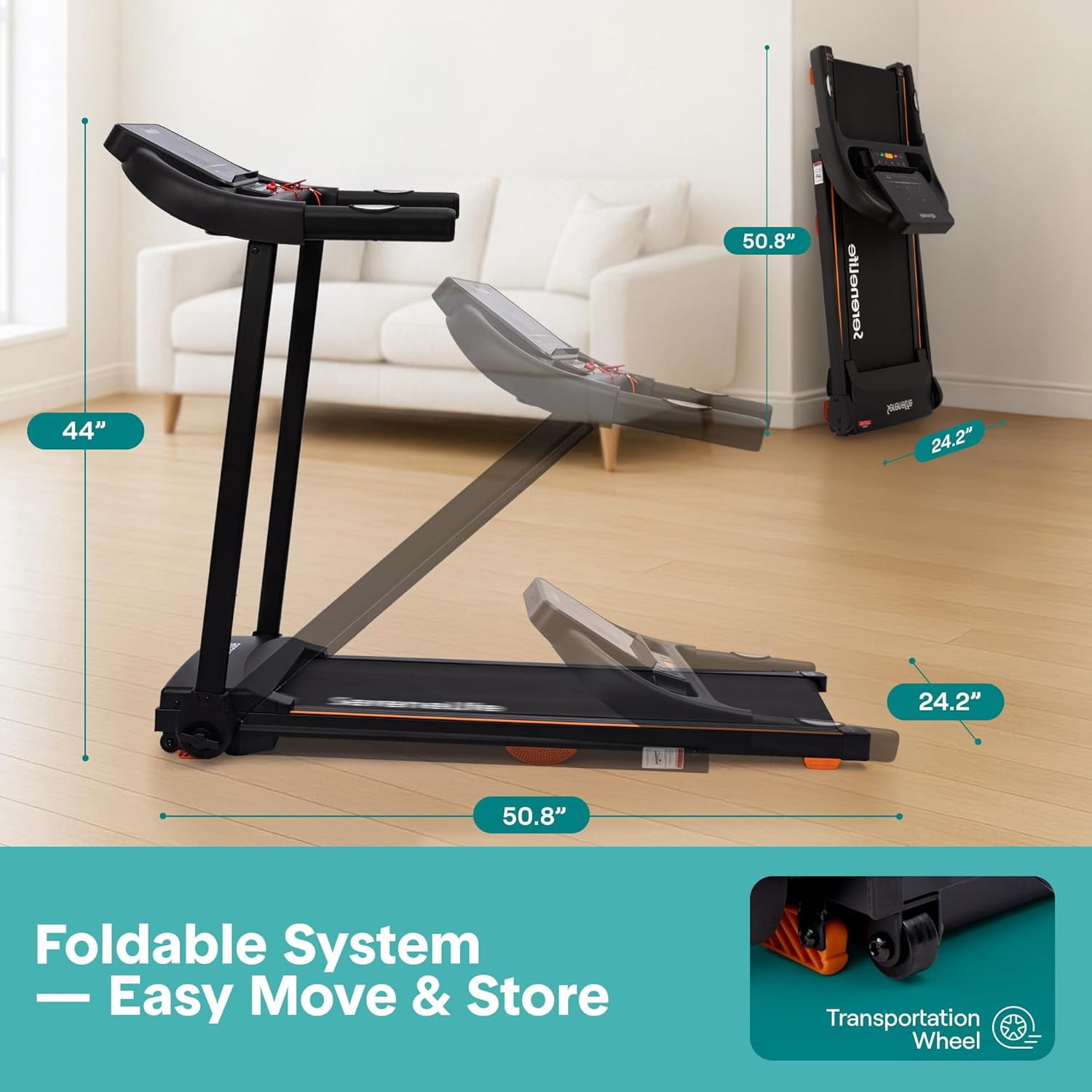 SereneLife Foldable Treadmill for Home – 3.5HP Compact Portable Treadmill with 13% Manual Incline, Bluetooth Speakers, App Sync, Heart Rate Monitor for Walking & Running