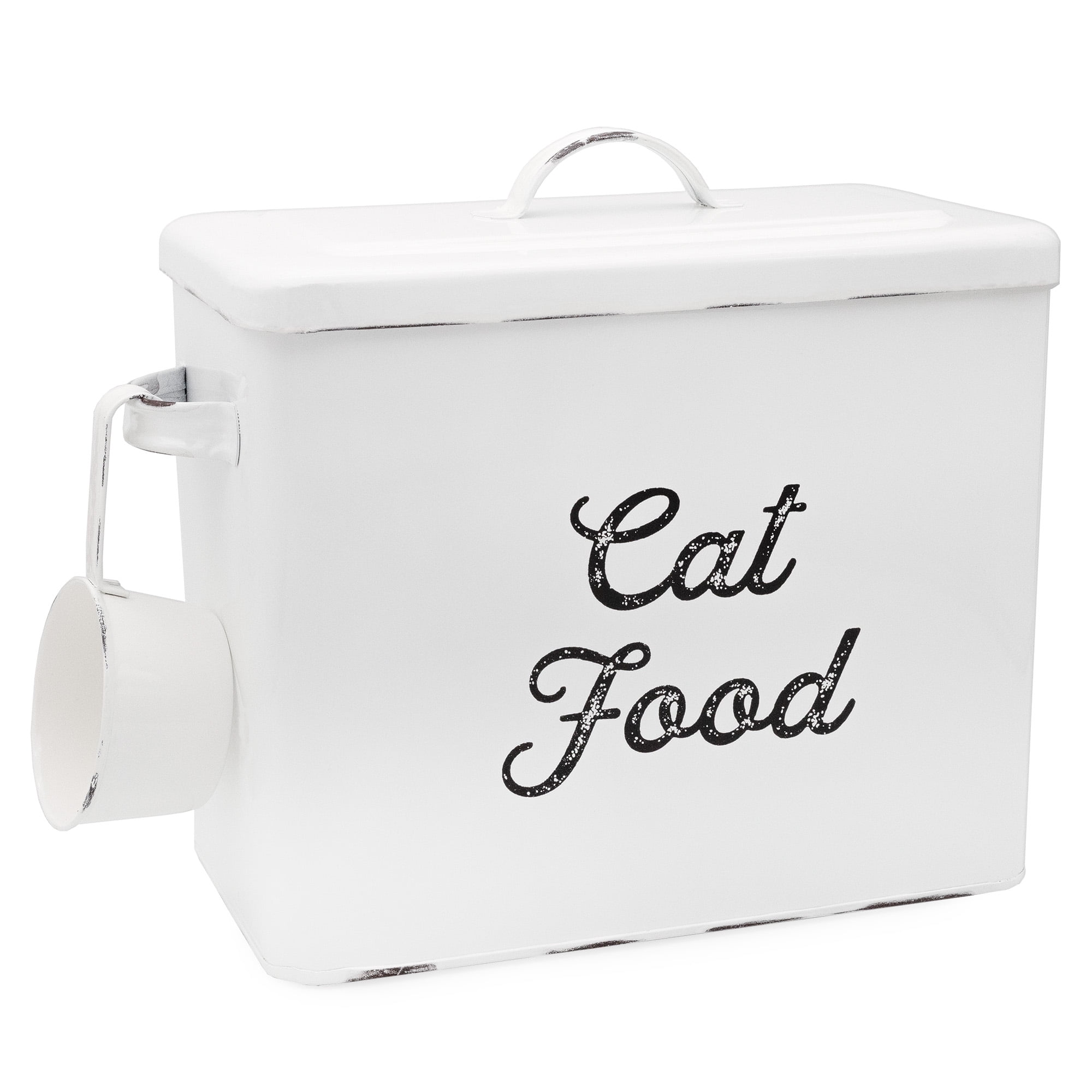 AuldHome Farmhouse Cat Food Container (White); Enamelware Rustic Cat