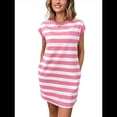 thumbnail image 3 of Vestidos de Verano A Rayas para Mujer 2025, Cuello Redondo, Corta, Bloque de Color, Vestido Informal Tipo Camiseta con Bolsillos, Rosa, Talla M, 3 of 9