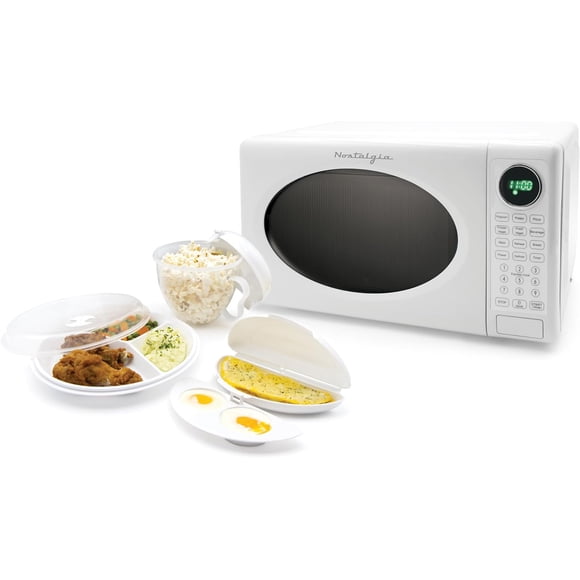 Nostalgia Modern Retro Countertop Microwave Oven - 700-Watt - 0.7 cu ft - Retro Microwave and Accessory Bundle with Popcorn Popper, Egg Poacher/Omelet Cooker, and Divided Plate with Cover - White