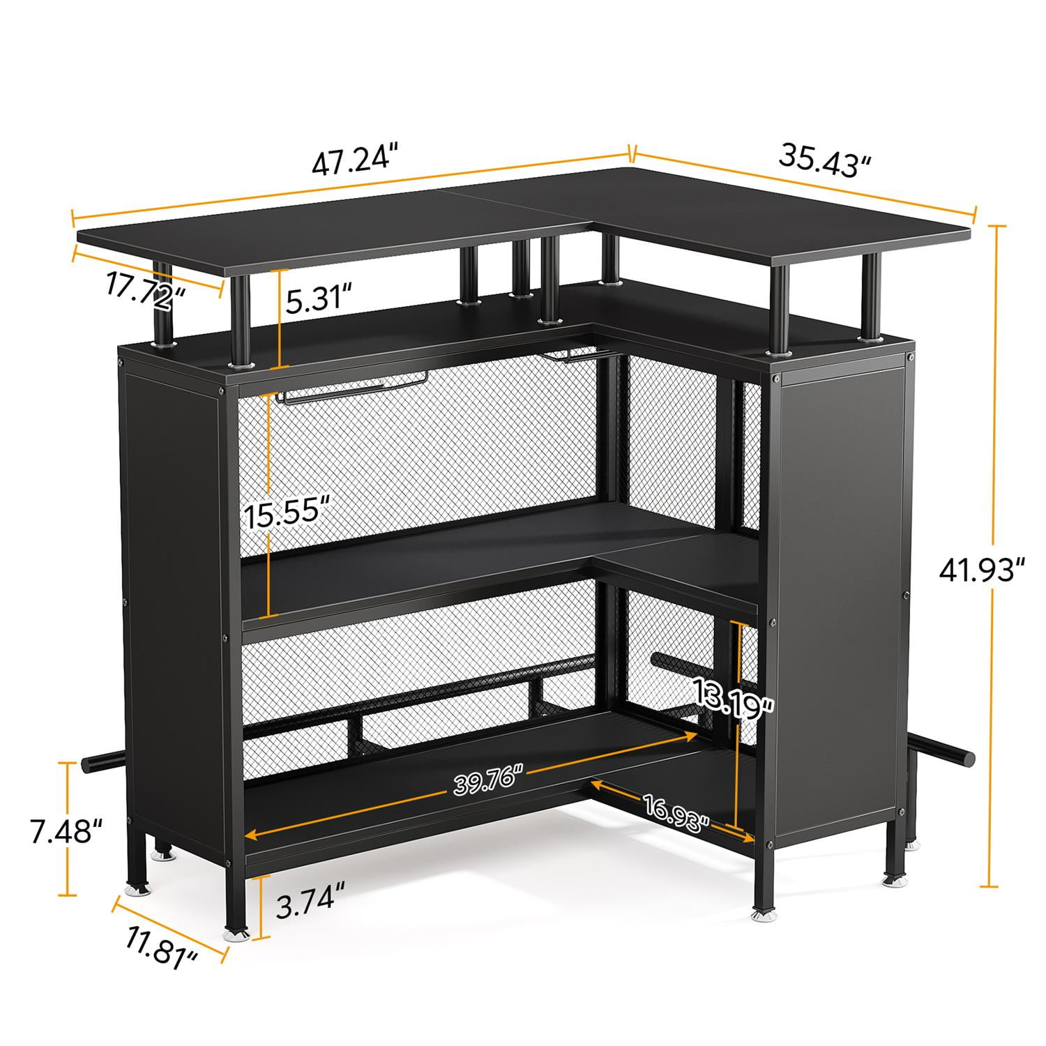 Demi Bonn 47" L-Shaped Home Bar Unit, Liquor Bar Table Cabinets with Glasses Holders & Shelves, Pub Tables for Kitchen, Dining Room, Black