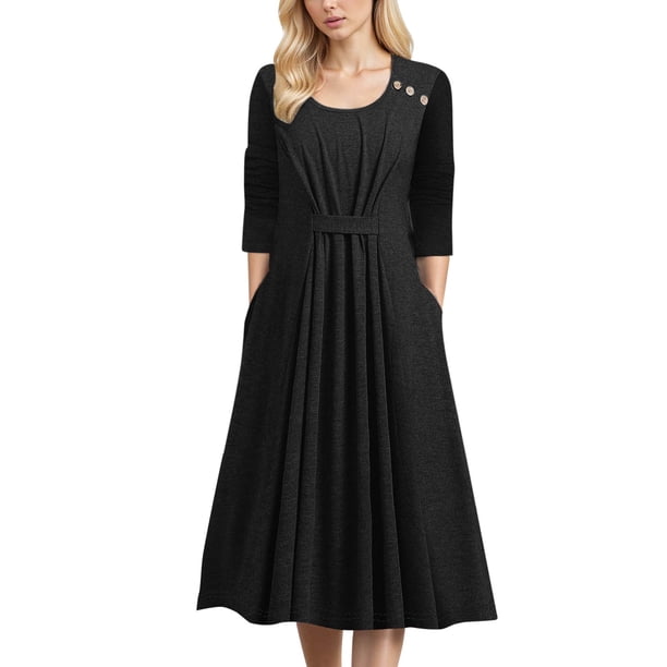 Vestido informal para mujer: cuello redondo, manga media, botones, corte holgado, veraniego y fluido