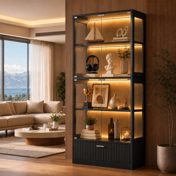 Guqiart Display Cabinet with Glass Doors, 4-Tier Curio Cabinet with Drawer, 7RGB Color LED Lights & Motion Sensor, Storage Display Case for Collectibles, Black