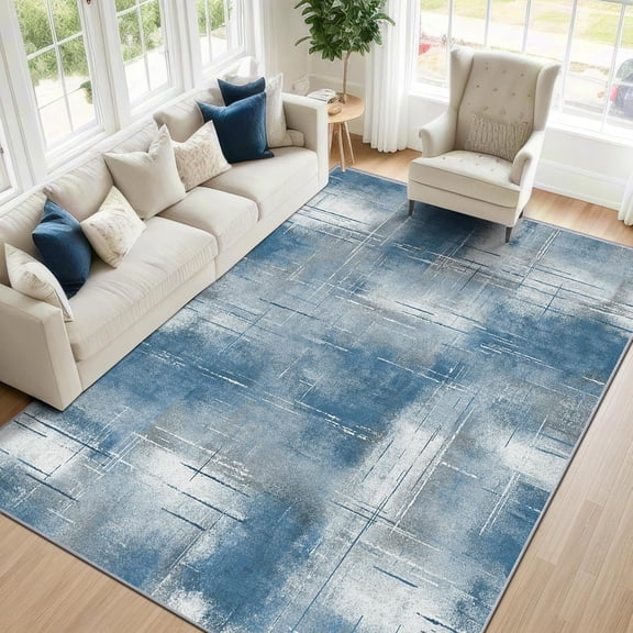 Abstract Distressed Area Rugs, Blue Grey White Carpet, Washable Non Slip Low Pile Soft Rug for Living Room Bedroom Decor Mat 2x3ft