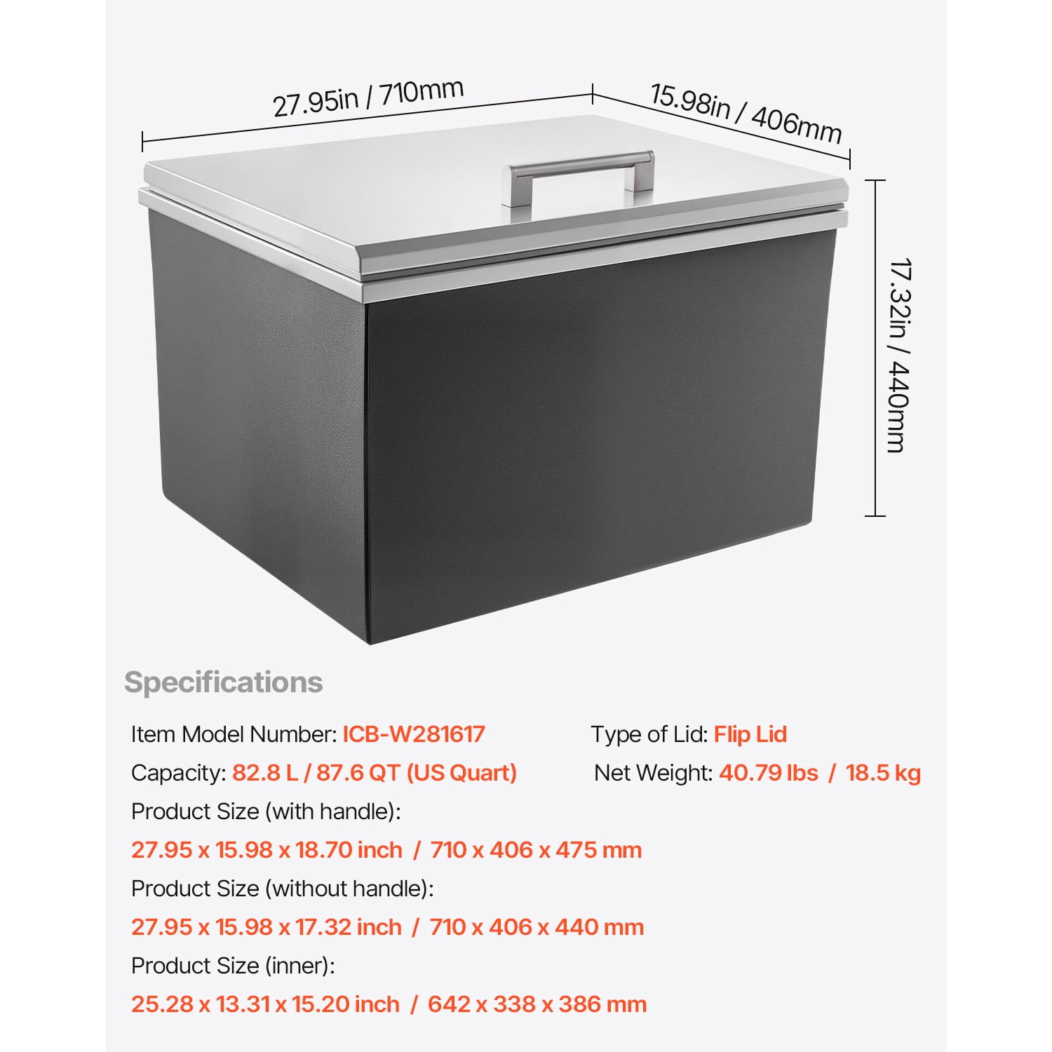 KFFKFF Stainless Steel Drop-In Ice Chest, 28"L x 16"W x 17"H, 87.6 Quart Cooler with Flip Lid for Outdoor Kitchen, Patio Bar, Includes Drain-Pipe Set for Chilling Beverages