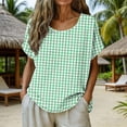 thumbnail image 2 of Women's Gingham Print Tops Crew Neck Short Sleeve Linen T-Shirt Breathable Summer Top for Going Out Vacation Green 3XL, 2 of 6