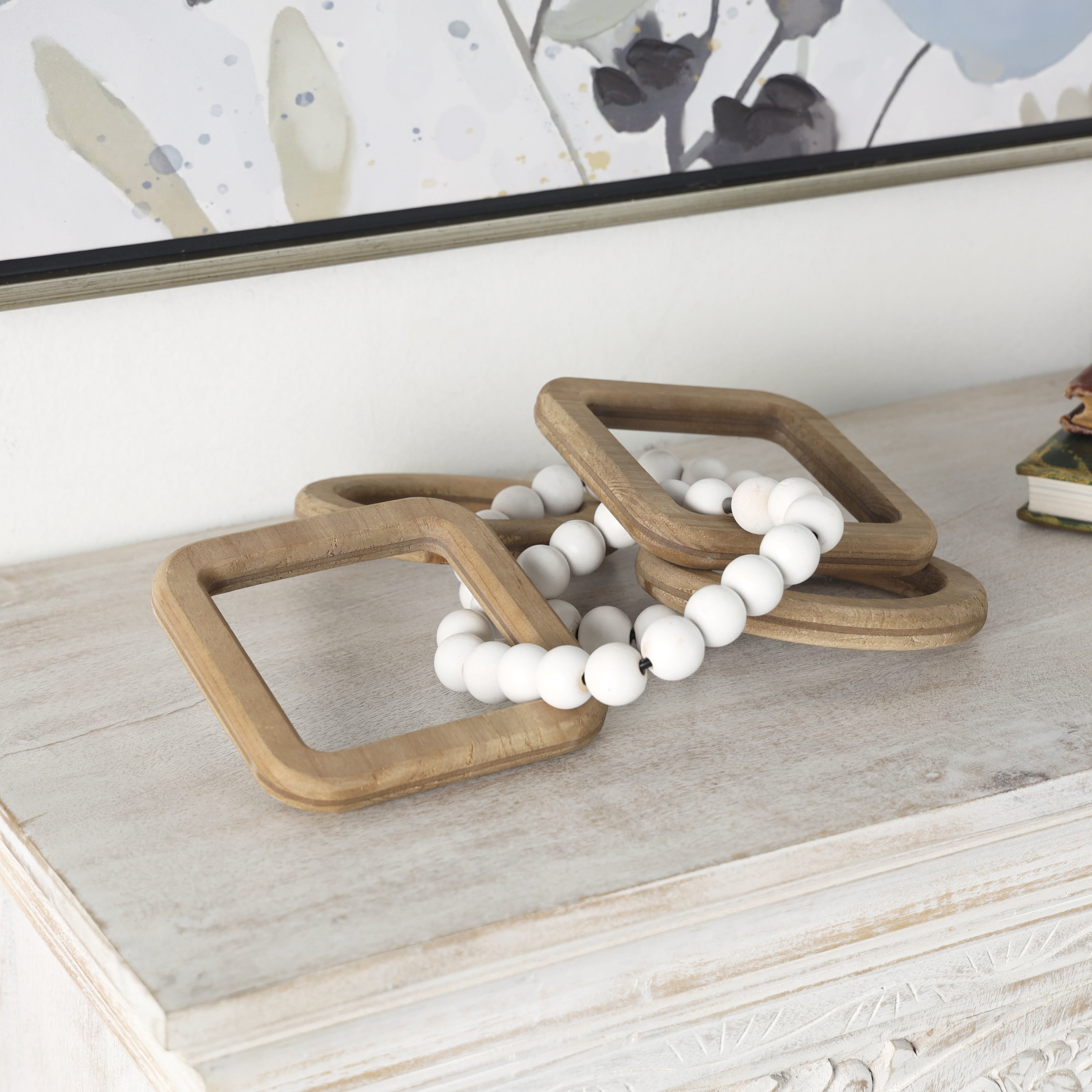 14"W, 2"H Brown Wood Geometric 3 Link Chain Sculpture with White Beaded Accents, by DecMode (2 Count)