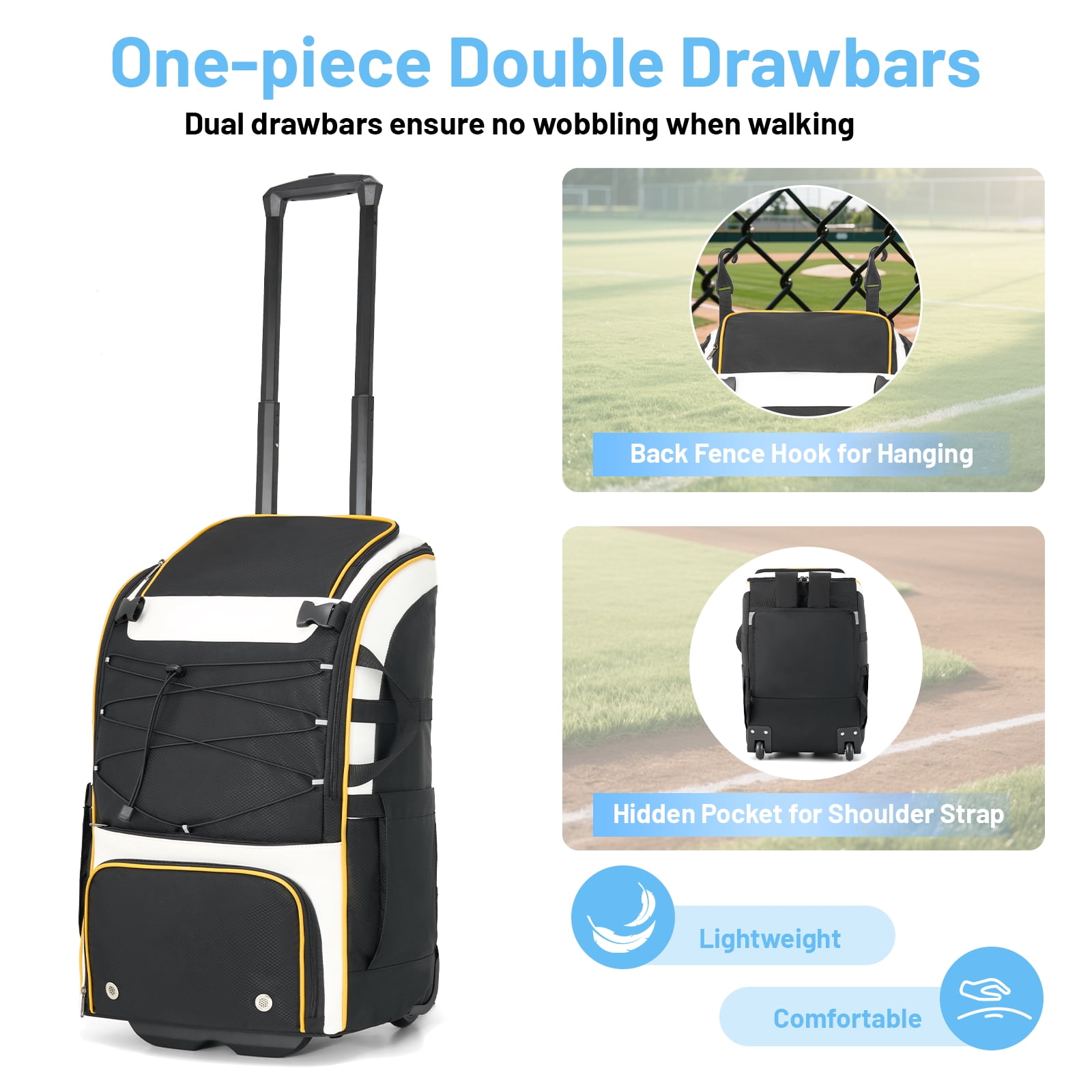 Rolling Baseball Bag with Wheels, Large Capacity Softball Bag Holds 4 Bats for Boys and Girls, Youth Equipment Bag with Rain Cover and Shoe Compartment