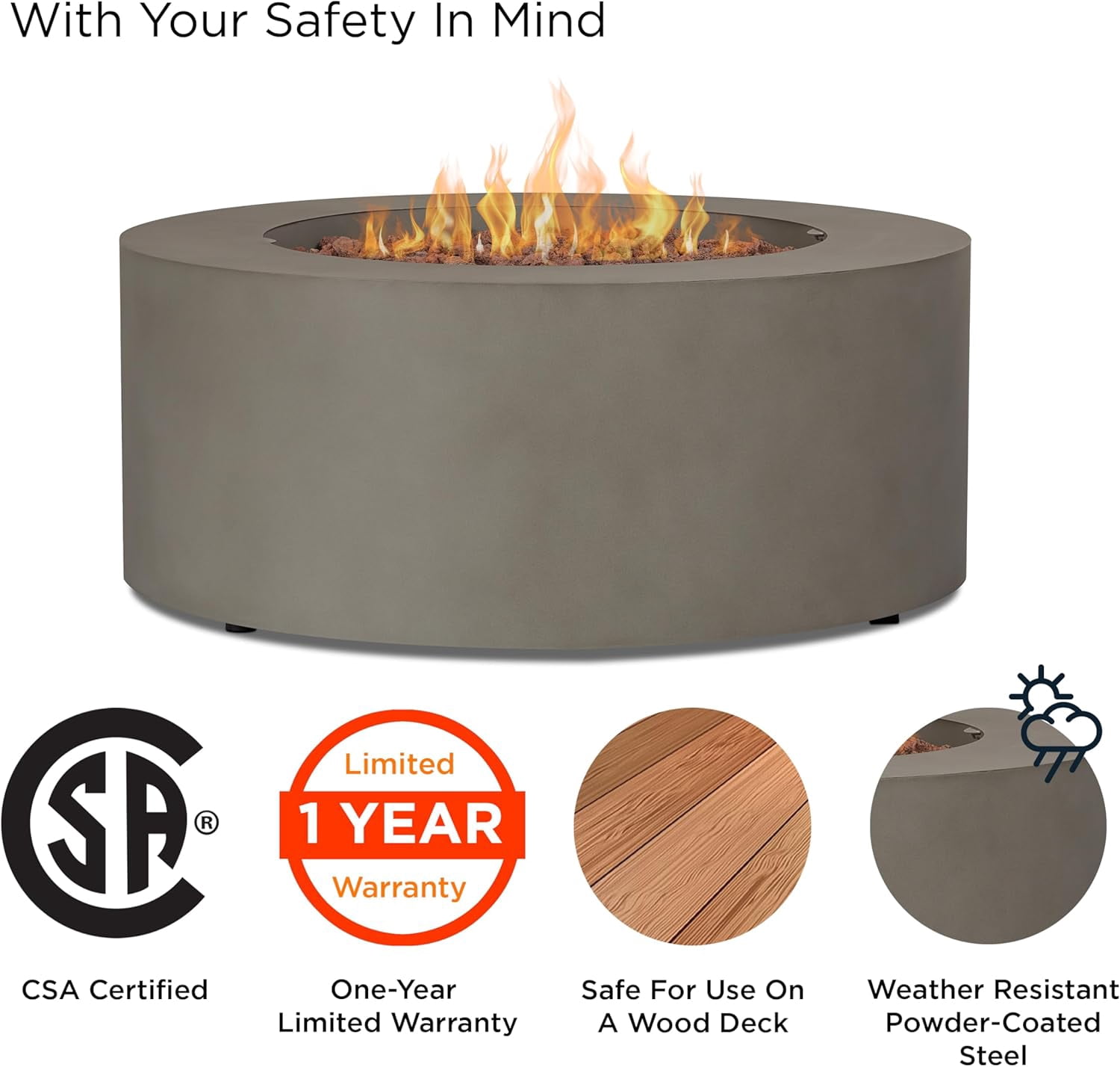 Real Flame Aegean 36" Round Steel Propane or Natural Gas Fire Pit Table in Mist Gray
