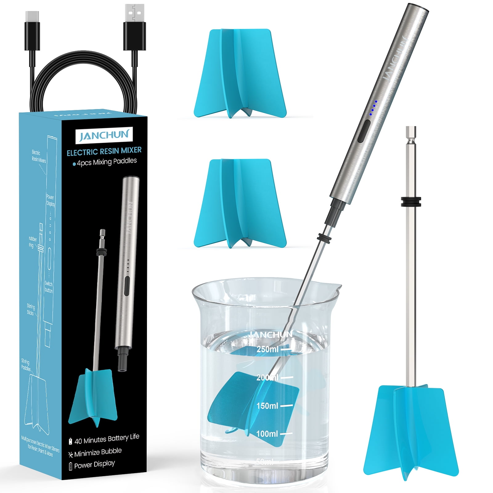 JANCHUN Lightweight Resin Stirrer Handheld Battery Powered Electric Epoxy Resin Stirrer, Resin Stirrer, Powerful Resin Stirrer, DIY Resin Casting Supplies (Includes 4 Stirring Sticks), Paint