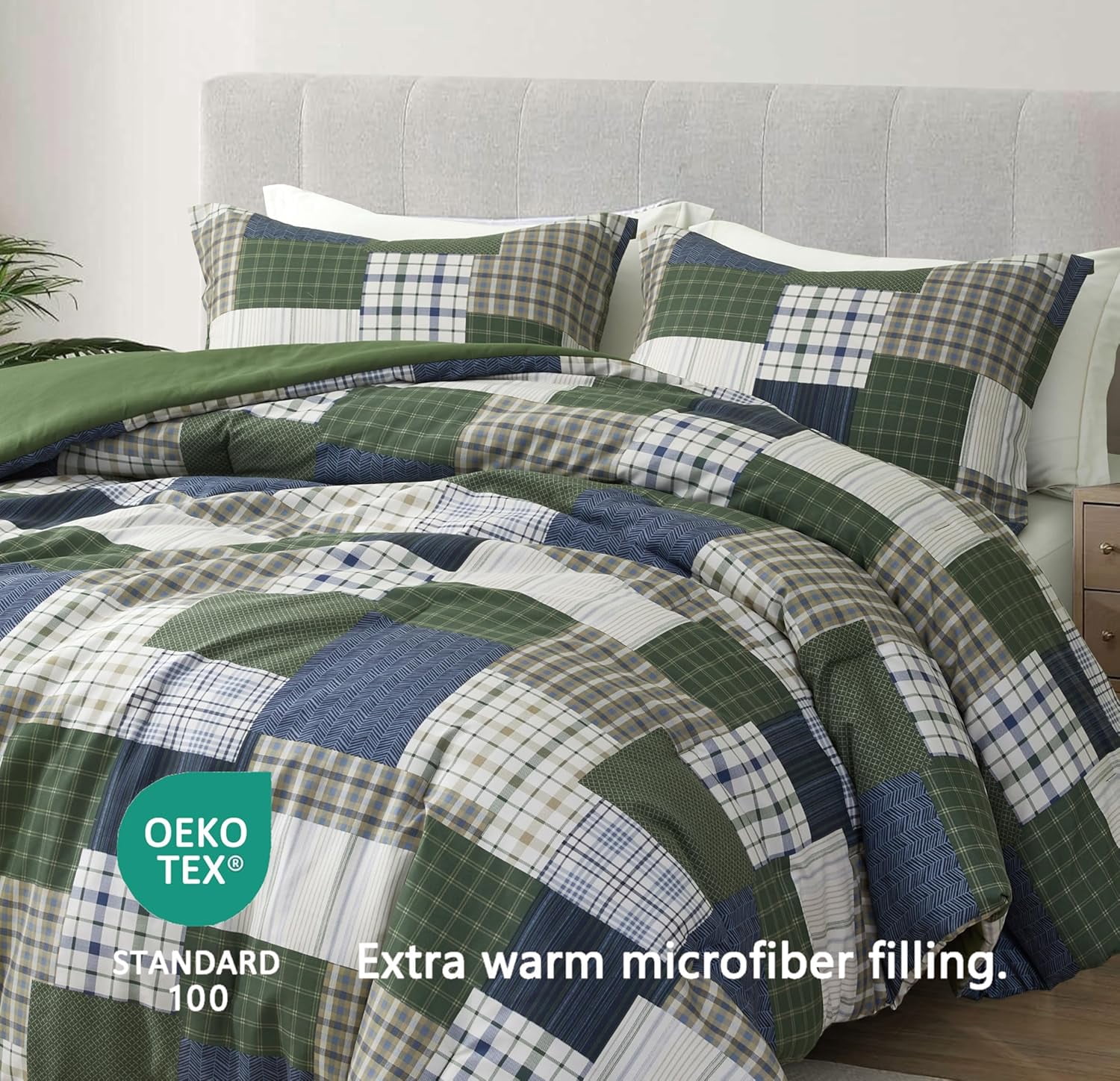 Chezmoi Collection Cedar 3-Piece Printed Patchwork Comforter Set, Green Navy Plaid Striped, Pre-Washed Microfiber Lightweight Reversible Bedding for All Seasons, Queen Size