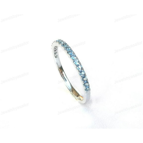 Aquamarine Half Eternity Band, Dainty Minimalist Band, 925 Sterling Silver Jewelry, Wedding Band, Match Birthstone, Promise Gift For Love