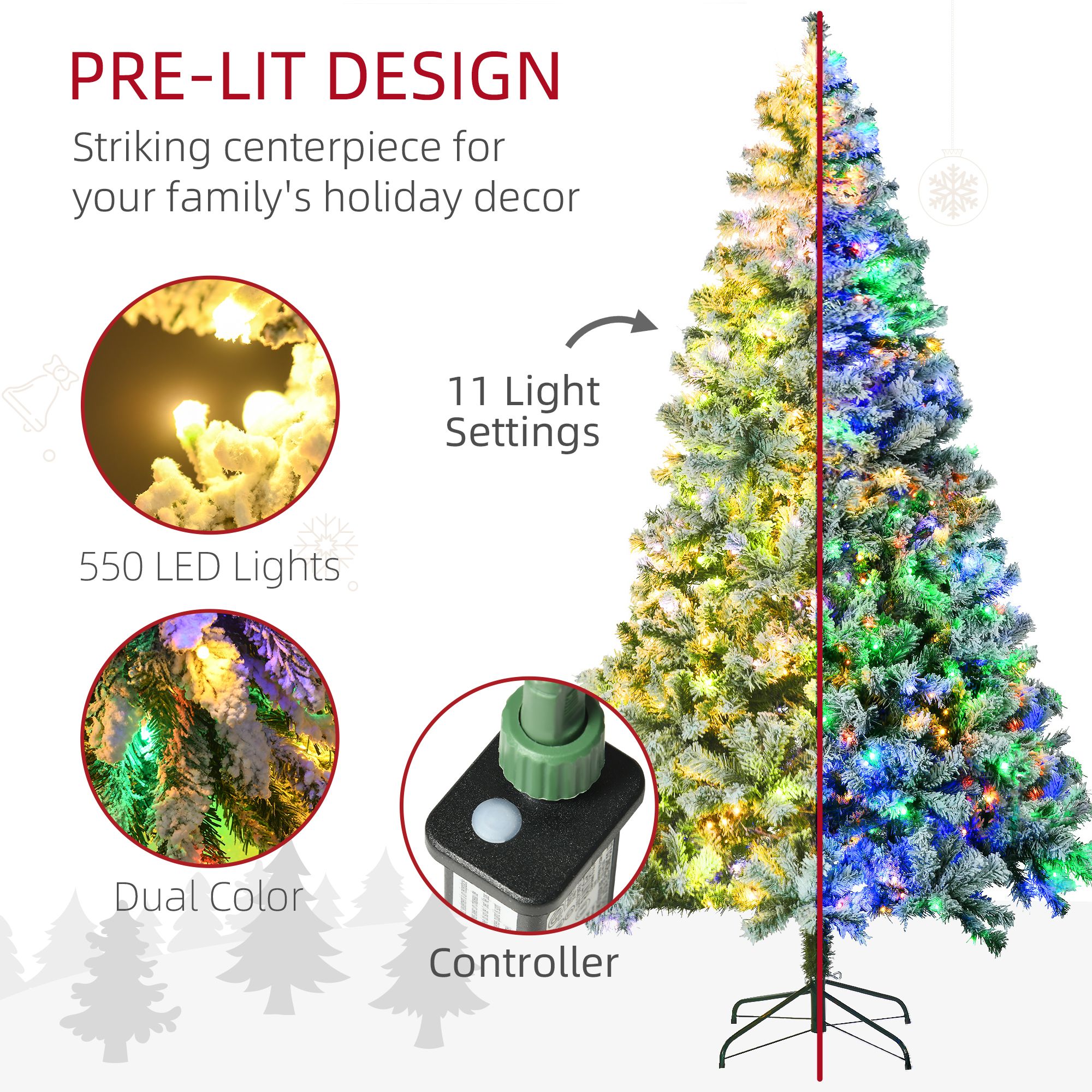 7.5 ft Artificial Snow Christmas Tree with Frosted Branches, 550 LED Lights, 1149 Tips, Steel Base, Indoor Holiday Decor
