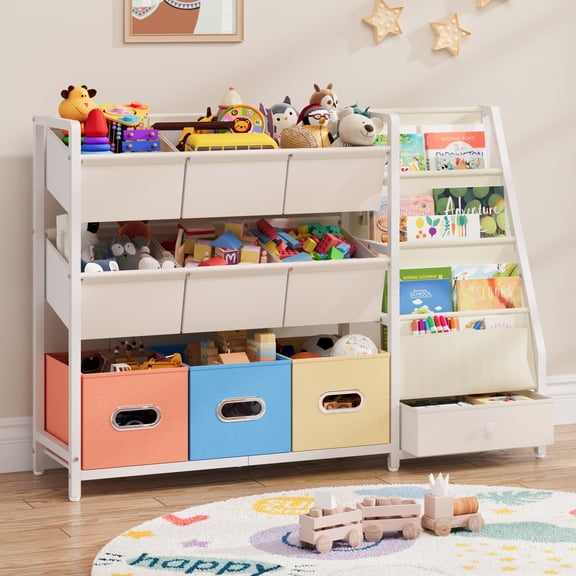BECOKOME Kids Toy Organizers and Storage with 3 Tiers Book Shelf and 10 Storage Bins, Kids Bookshelf and Toy Storage Organizer for Children Room Playroom