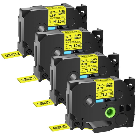GREENCYCLE 4PK Compatible for Brother P-touch HSE-641 HS-641 HSe641 HS641 17.7mm 0.69" Black on Yellow Heat-shrink Label Tape