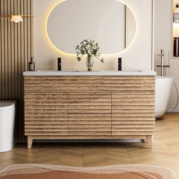 Eclife 60" Freestanding Double Sink Bathroom Vanity with Sink Top, 3D Panel and Natural Oak Finish, Soft-Close, Sturdy Base