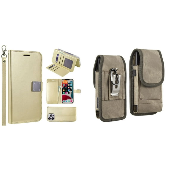 Bemz Pocket Clutch Wallet Case and Belt Holster Pouch for iPhone 14 Pro Max (Gold/Brown)