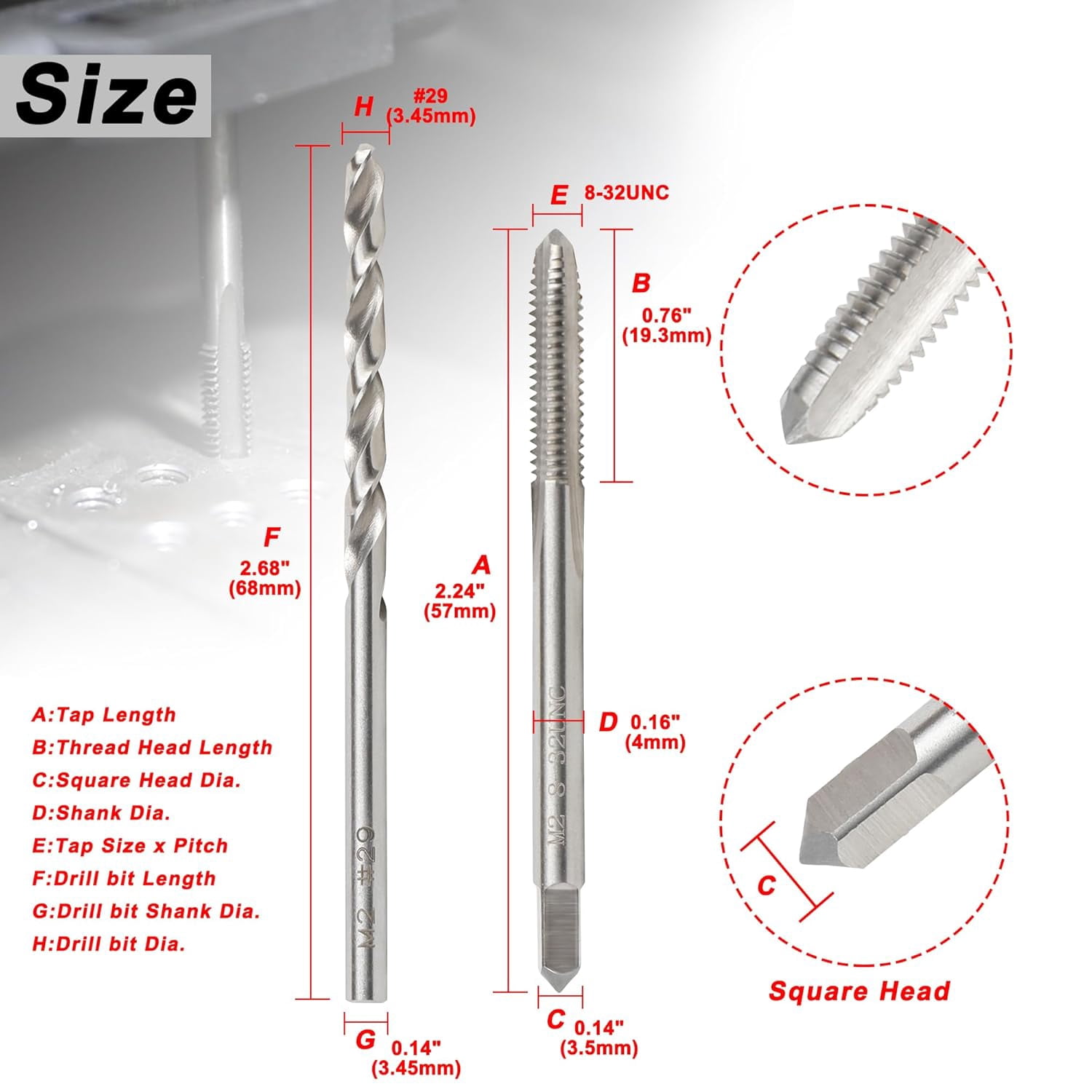 FRKSMD-8-32 UNC Tap and #29 Drill Bit Set, M2 HSS Drill and Tap Set, Machine Screw Tap Drill Bit Kit for Metal