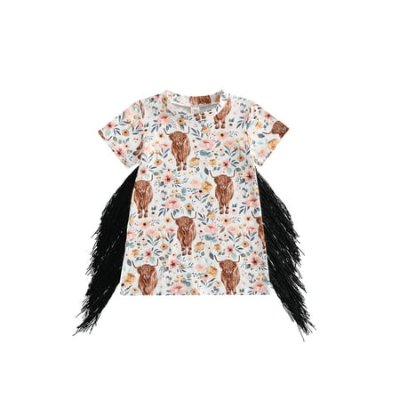 

Toddler Baby Girl Western Dress Cow Print T Shirt Dress Boho Short Sleeve Fringe Dresses Kids Summer Clothes