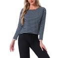 thumbnail image 1 of Camisetas de pijama para mujeres INSPIRE CHIC, camisetas de dormir de algodón con estampado a rayas, de manga larga, cuello redondo, blusas de lounge, tamaño L, a rayas en azul marino, 1 of 6
