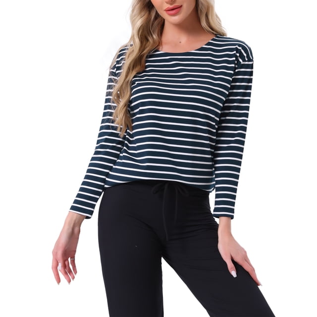 Camisetas de pijama para mujeres INSPIRE CHIC, camisetas de dormir de algodón con estampado a rayas, de manga larga, cuello redondo, blusas de lounge, tamaño L, a rayas en azul marino