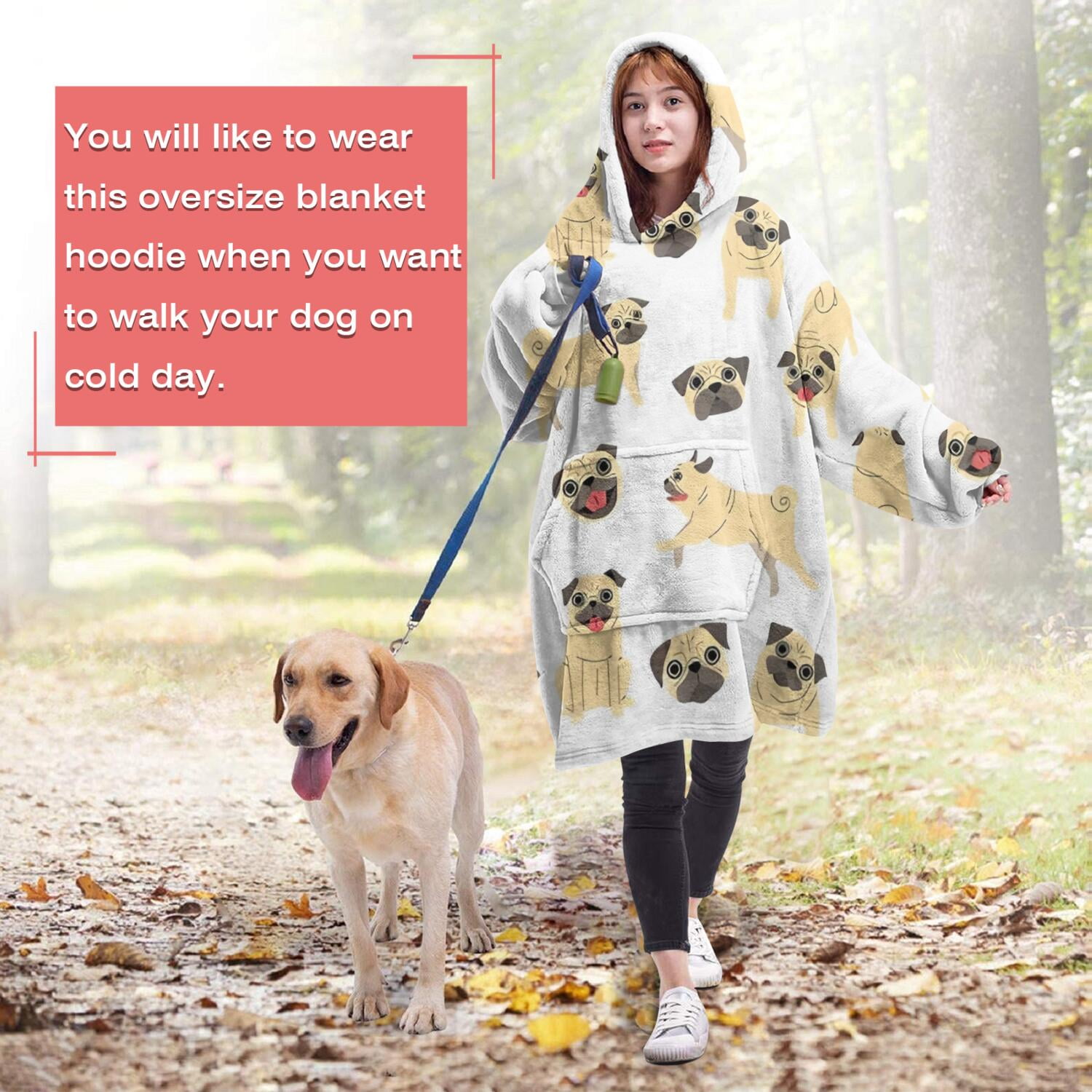 Wearable Oversized Blanket,Cute Cartoon Pug Wearable Blanket Hoodie for Adults,Cozy Hooded Blankets with Super Pockets,Super Warm Fuzzy Pullover for Women & Men