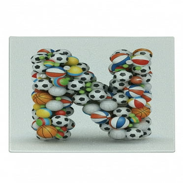 Letter N Cutting Board, Sports Equipment Football Volleyball Tennis Ball Capital N Alphabet Design, Decorative Tempered Glass Cutting and Serving Board, Small Size, Multicolor, by Ambesonne
