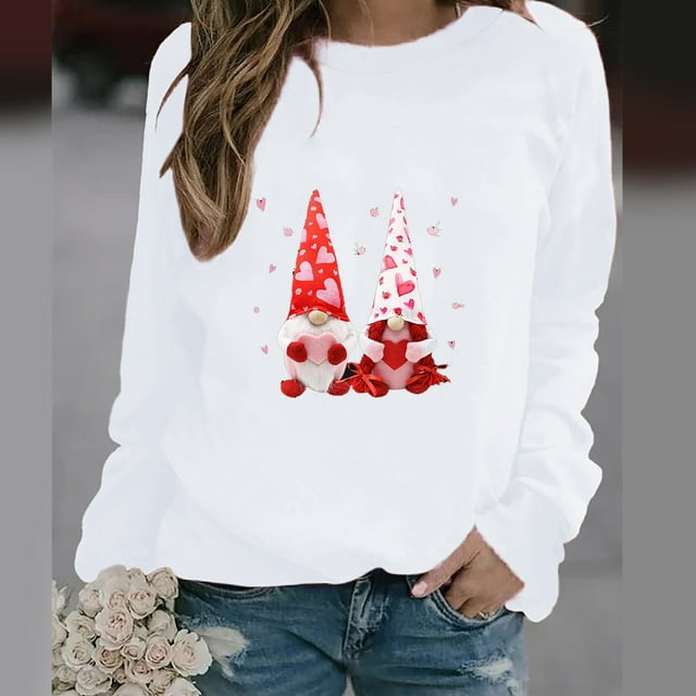 Meichang T-Shirts de la Saint-Valentin pour Femmes Imprimé Cœur Tee Tops Manches Longues Col Rond Pull de Vacances en Solde Cadeaux de la Saint-Valentin