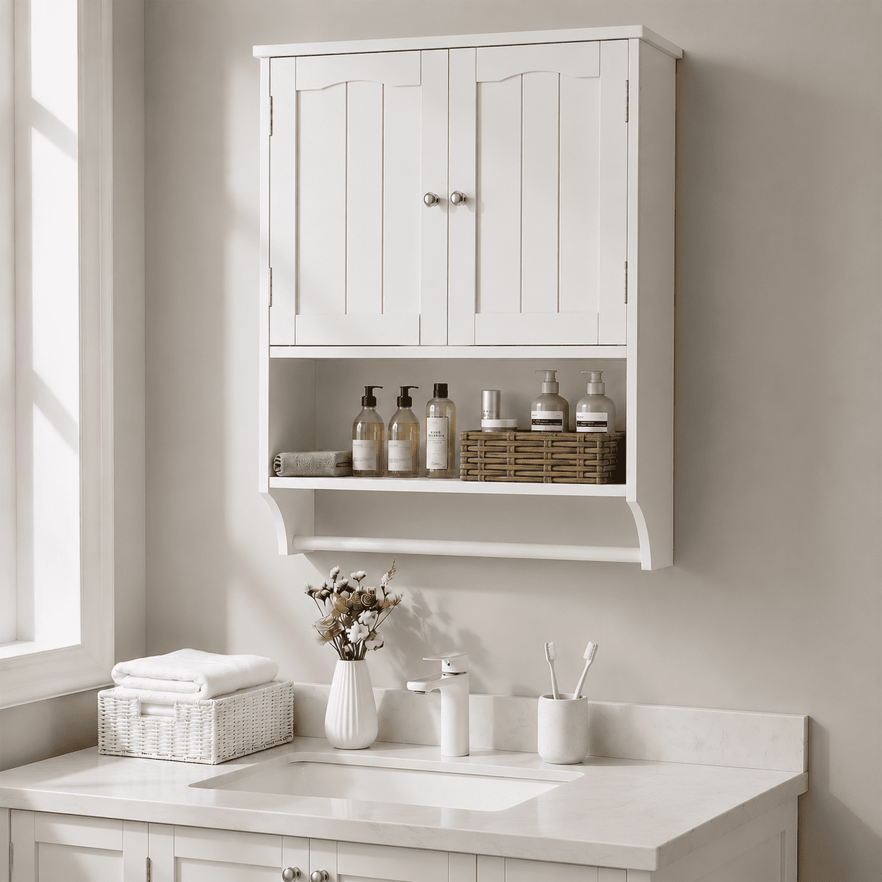 Semiocthome Bathroom Medicine Cabinet with Towel Bar and 3 Shelves Over Toilet Storage, White