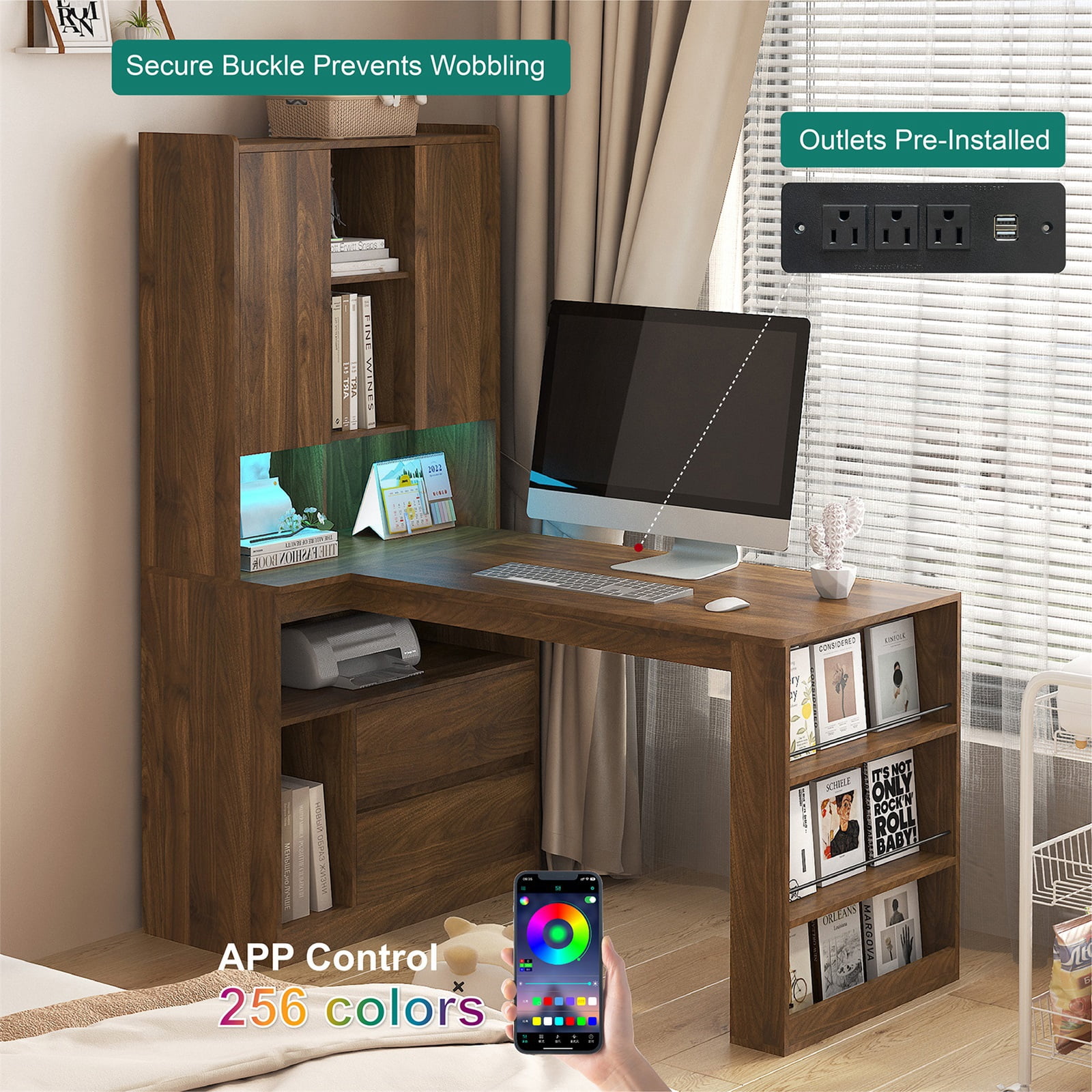 Hommoo L Shaped Computer Desk with Drawer & Open Storage Shelf, LED Light, Charge, Modern Corner Computer Desk Office Desk Study Table, Walnut