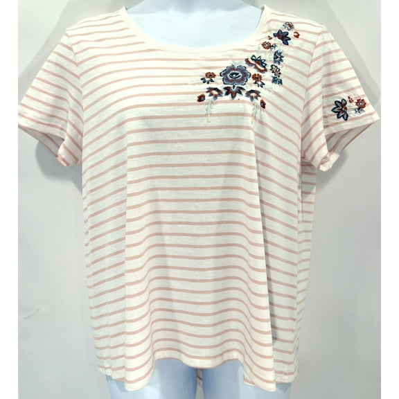 RXB Women's Hi-Lo Embroidered Shirt ( White & Powder Pink Stripes, Large)