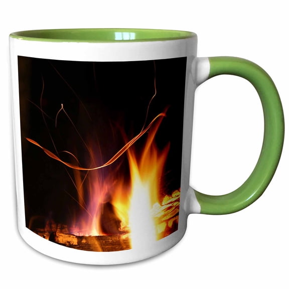 3drose, Photograph of Flickering Flames from a Fire in an Outdoor Fireplace., 11oz Two-tone Green Mug