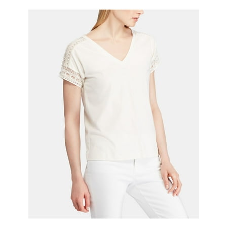 RALPH LAUREN Womens White Lace Short Sleeve V Neck Top Petites Size: PM