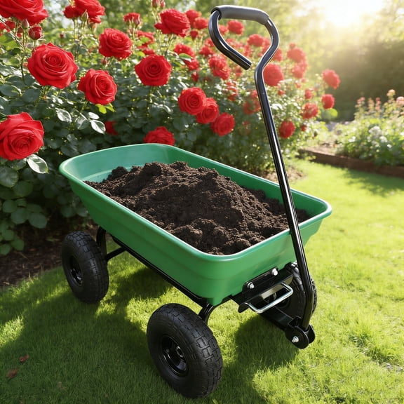 Wheelbarrow Wagon Heavy-Duty Garden Cart – 660 lb Load Capacity, 10" Pneumatic Tires, Steel Frame, Easy-Dump Tray, Green
