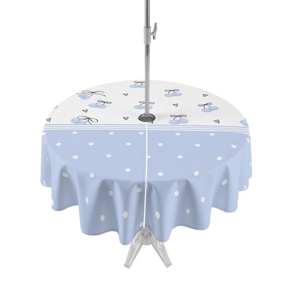 Outdoor Tablecloth with Umbrella Hole Zipper Blue Cherry Round Tablecloth 60" Waterproof Outside Table Cloth Elegant Pastoral Farmhouse Art Polka Dots Patio Table Cover Tablecloths for Picnic Party