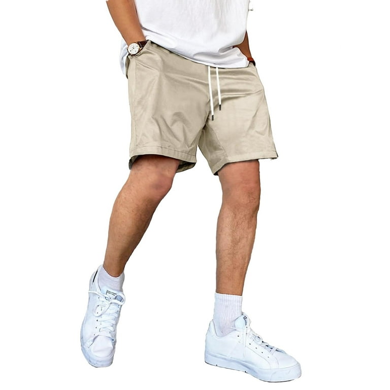 Khaki Solid Pocket Casual Straight Leg Men Clothing Men Shorts