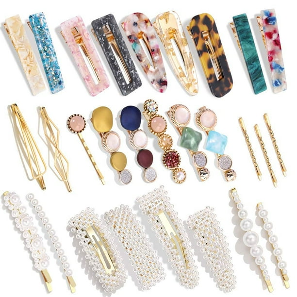 28 PCS Hingwah Perlas y clips de pelo de resina acrílica, Barrettes de pelo hechos a mano, pasadores de cocodrilo de mármol, horquilla geométrica de cristal brillante